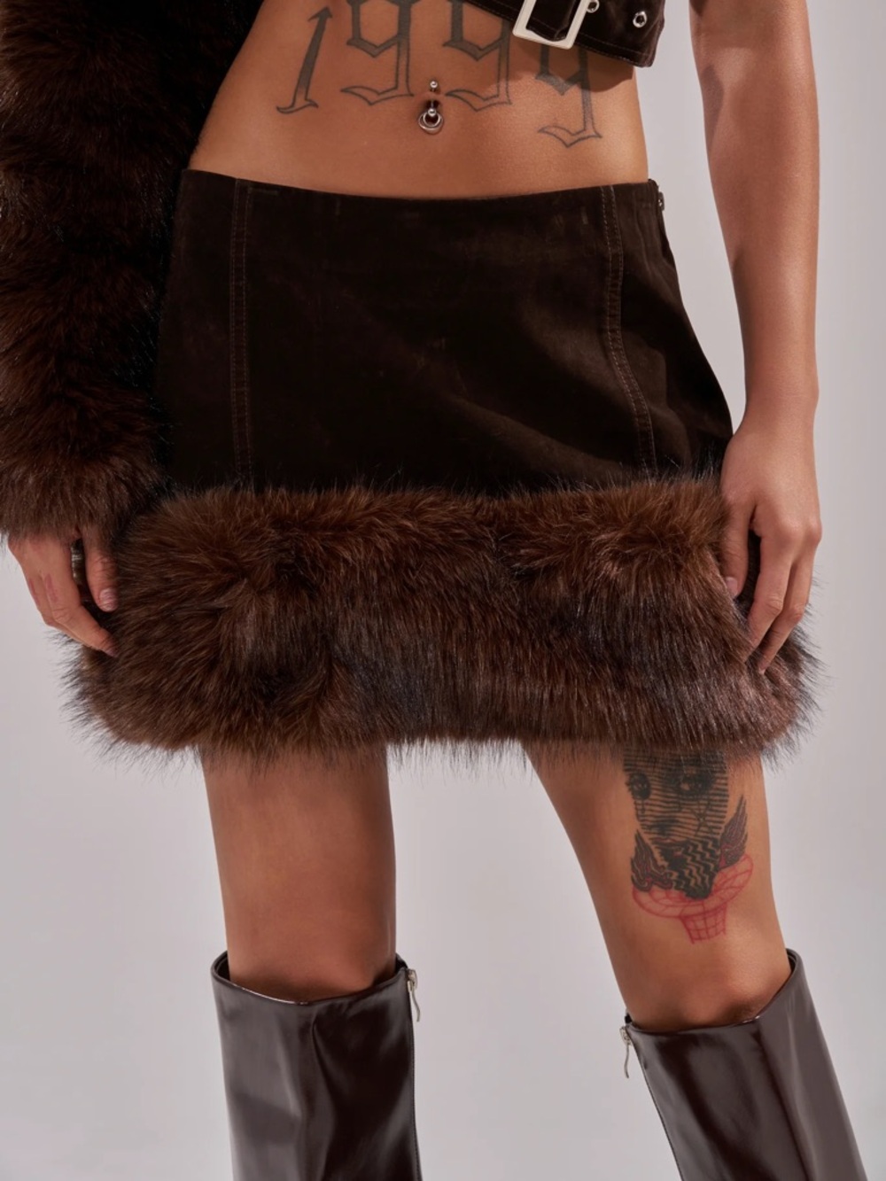 AKIRA Dark Brown Faux Fur Trim Mini Skirt